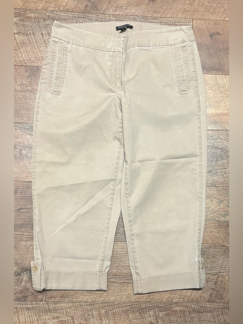 Eileen Fisher Organic Cotton Khaki Twill Stretch Cuff Capri Pants Petite Small